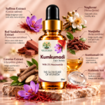 Divyaveda Kumkumadi Face Serum surrounded by saffron, red sandalwood, manjistha, liquorice, nagkesar and Kumkumadi oil ingredients