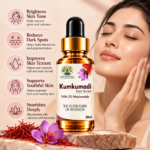 Divyaveda Kumkumadi Face Serum with icons highlighting glow, dark spot care, skin texture and nourishment