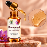 Golden Kumkumadi Face Serum drop from a glass dropper showing its smooth lightweight texture