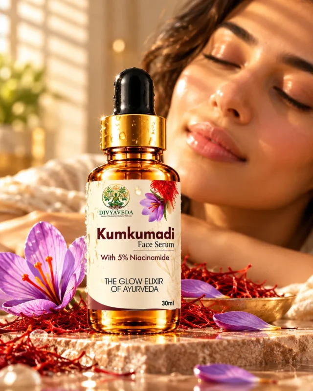 Woman applying Kumkumadi serum to support radiant-looking skin