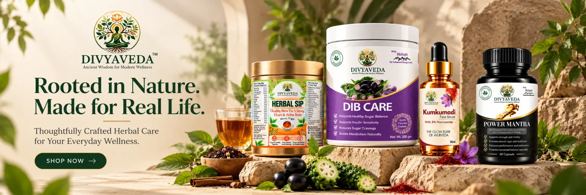Divyaveda Ayurvedic wellness products featuring Herbal Sip Tea, Dib Care, Kumkumadi Face Serum, and Power Mantra capsules on a natural stone display.