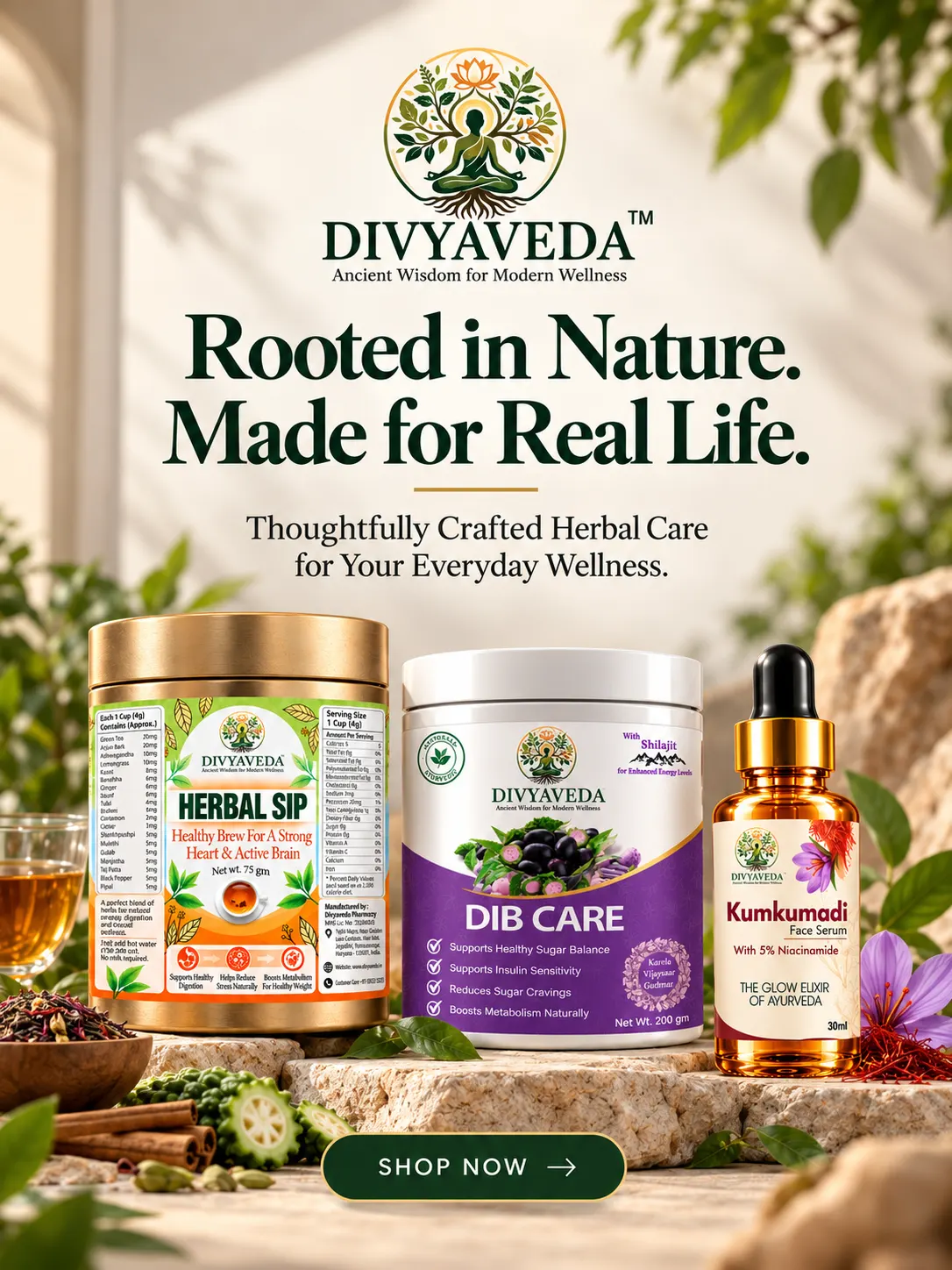 Divyaveda Ayurvedic wellness products featuring Herbal Sip Tea, Dib Care, Kumkumadi Face Serum, and Power Mantra capsules on a natural stone display.