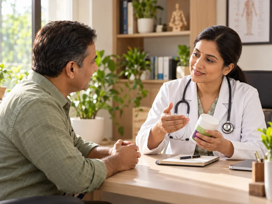 Indian adult discussing a herbal wellness product with a healthcare professional in a clinic