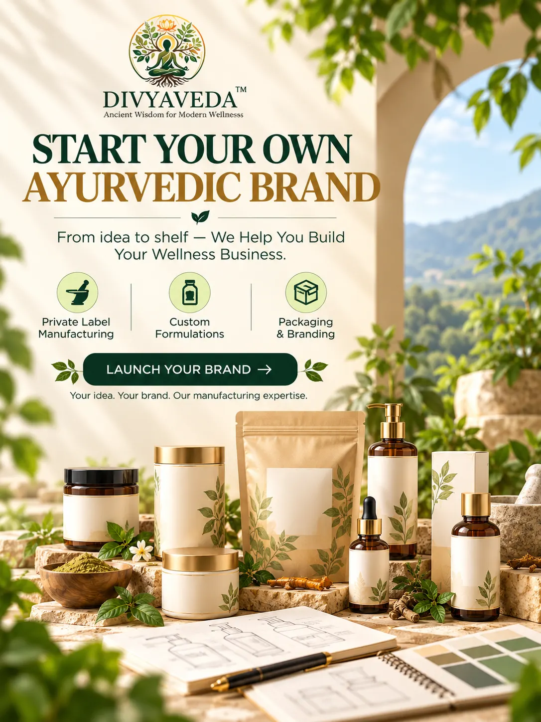 Divyaveda Ayurvedic brand startup banner featuring private label manufacturing, custom Ayurvedic formulations, packaging and branding services for businesses looking to launch their own Ayurvedic wellness products.