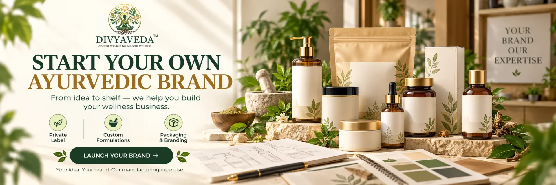 Divyaveda Ayurvedic brand startup banner featuring private label manufacturing, custom Ayurvedic formulations, packaging and branding services for businesses looking to launch their own Ayurvedic wellness products.