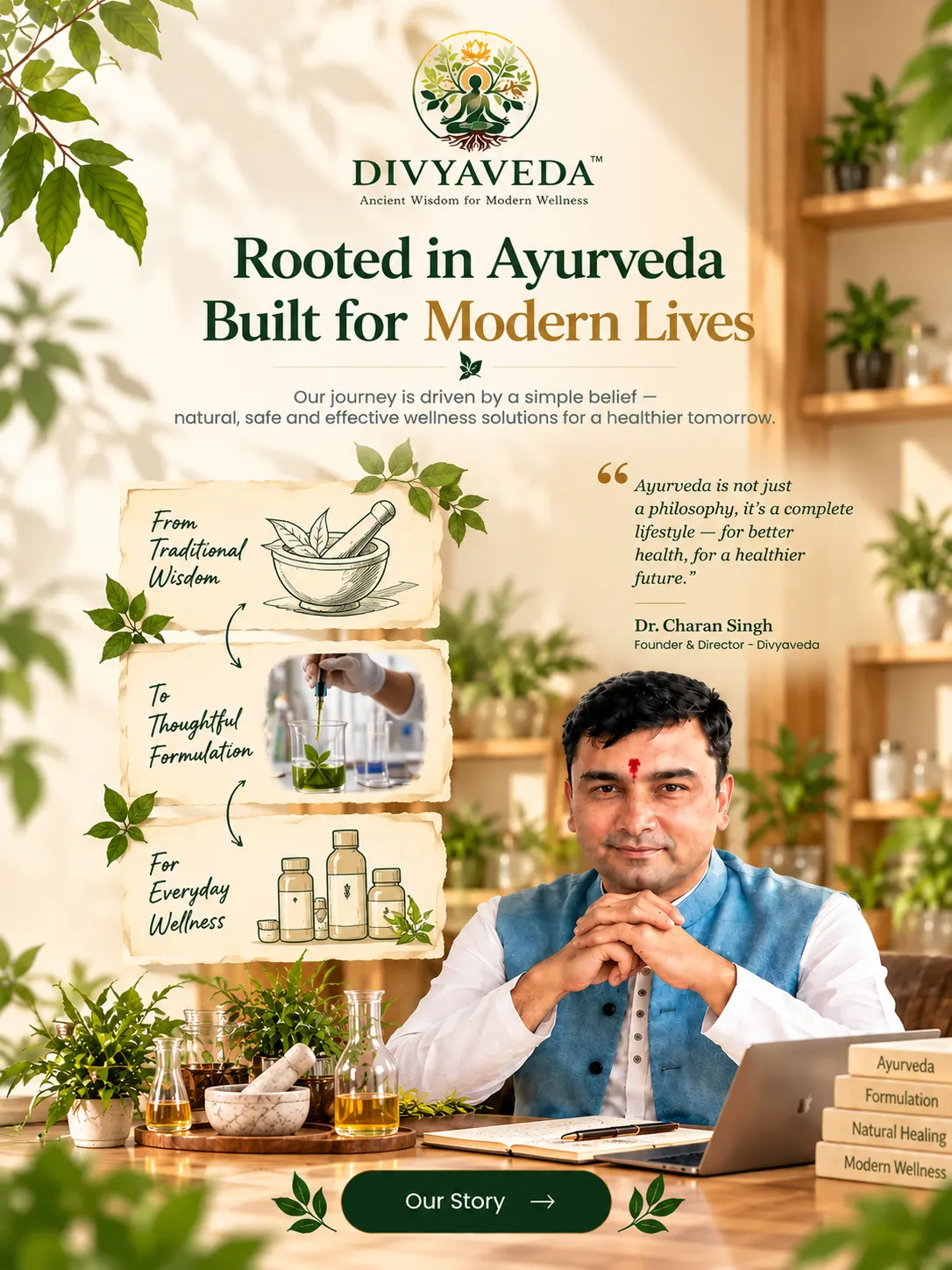 DIVYAVEDA hero banner featuring founder Dr. Charan Singh, Ayurvedic formulation concept, and the brand’s vision of bringing traditional Ayurvedic wisdom to modern wellness.