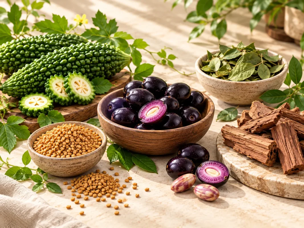 Karela, jamun fruits, gudmar leaves, fenugreek seeds and vijaysar wood used in Ayurvedic formulations
