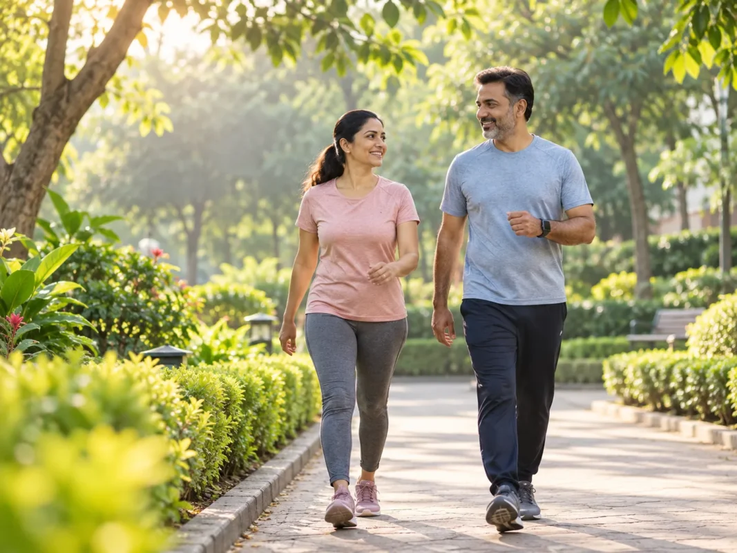 Indian adults taking a morning walk on a green garden path