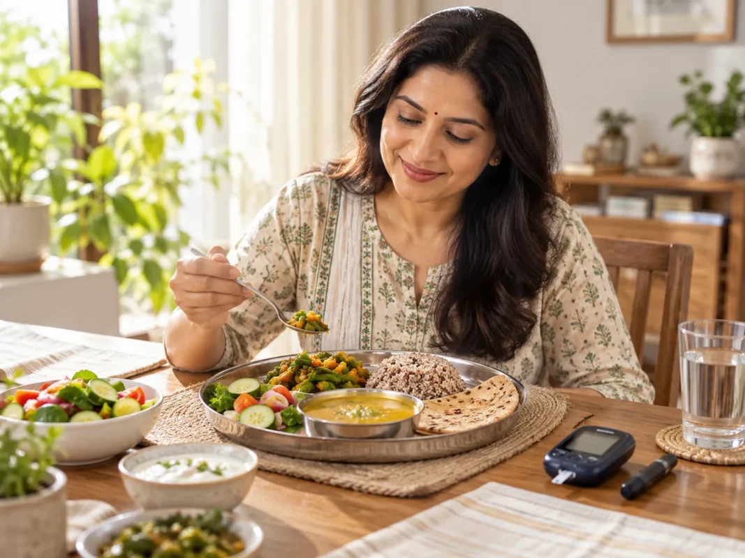 Indian adult enjoying a balanced meal of dal, vegetables and whole grains with a glucometer on the table