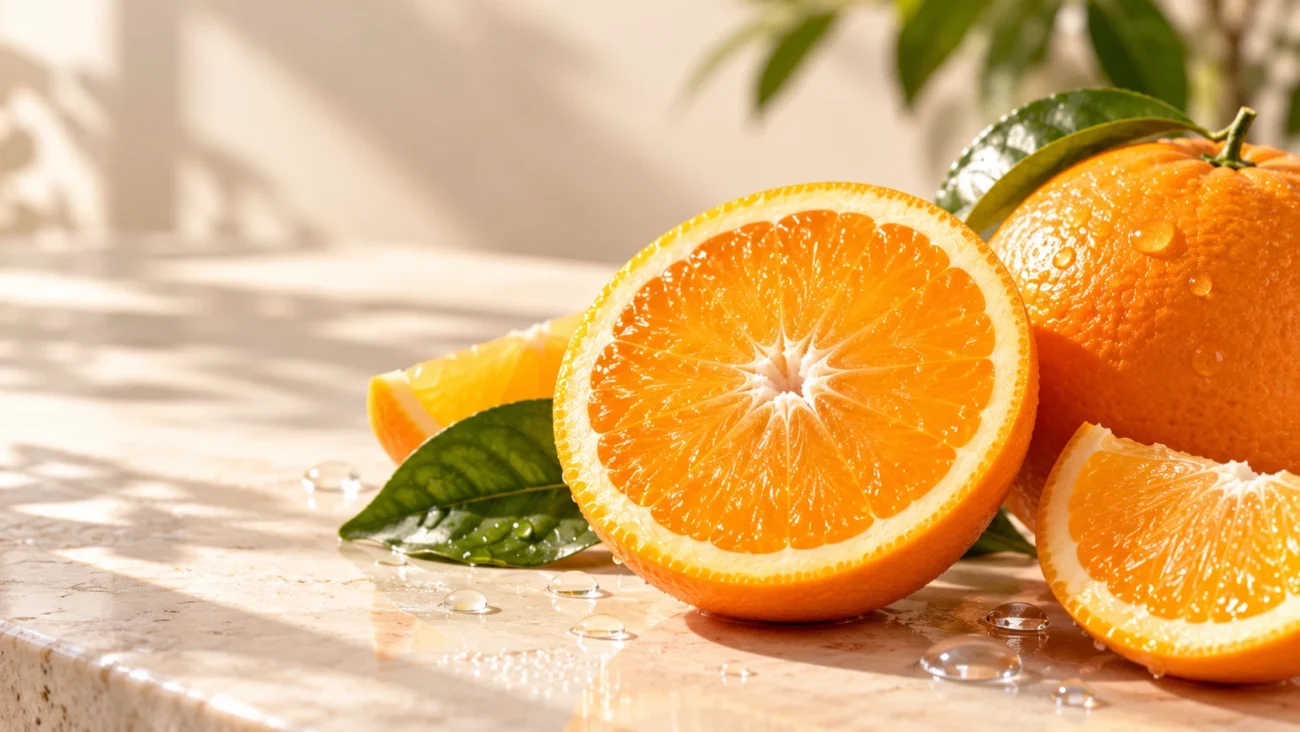 Fresh oranges and Vitamin C ingredients used in skincare
