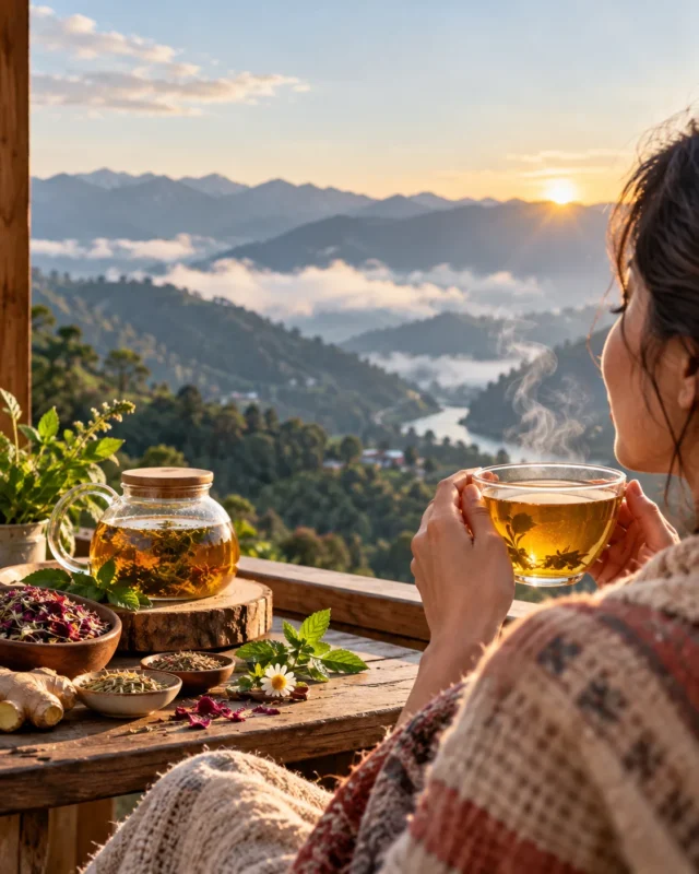Sunrise tea over misty mountains with a warm cup of tea