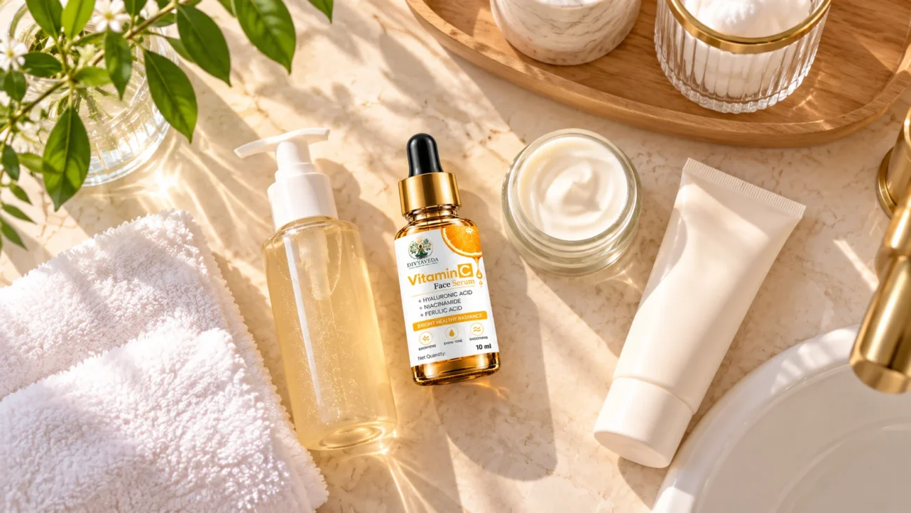 Daily skincare routine with facial cleanser, Vitamin C serum and moisturiser