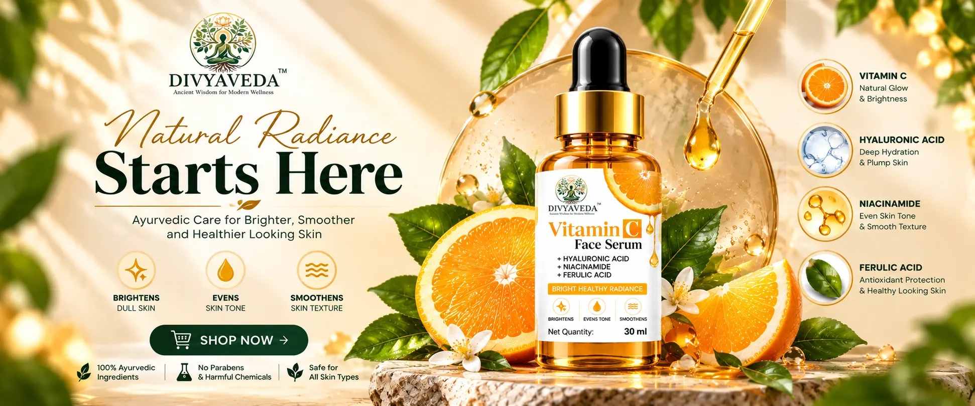 Divyaveda Vitamin C Face Serum with orange extracts and a golden skincare background