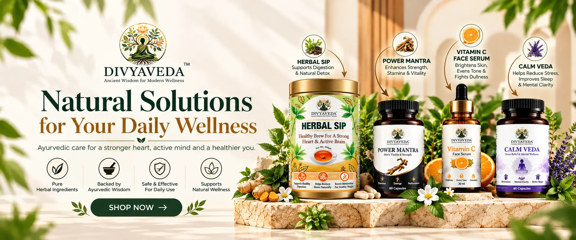 Divyaveda Ayurvedic products including Herbal Sip, Power Mantra, Vitamin C Serum and Calm Veda